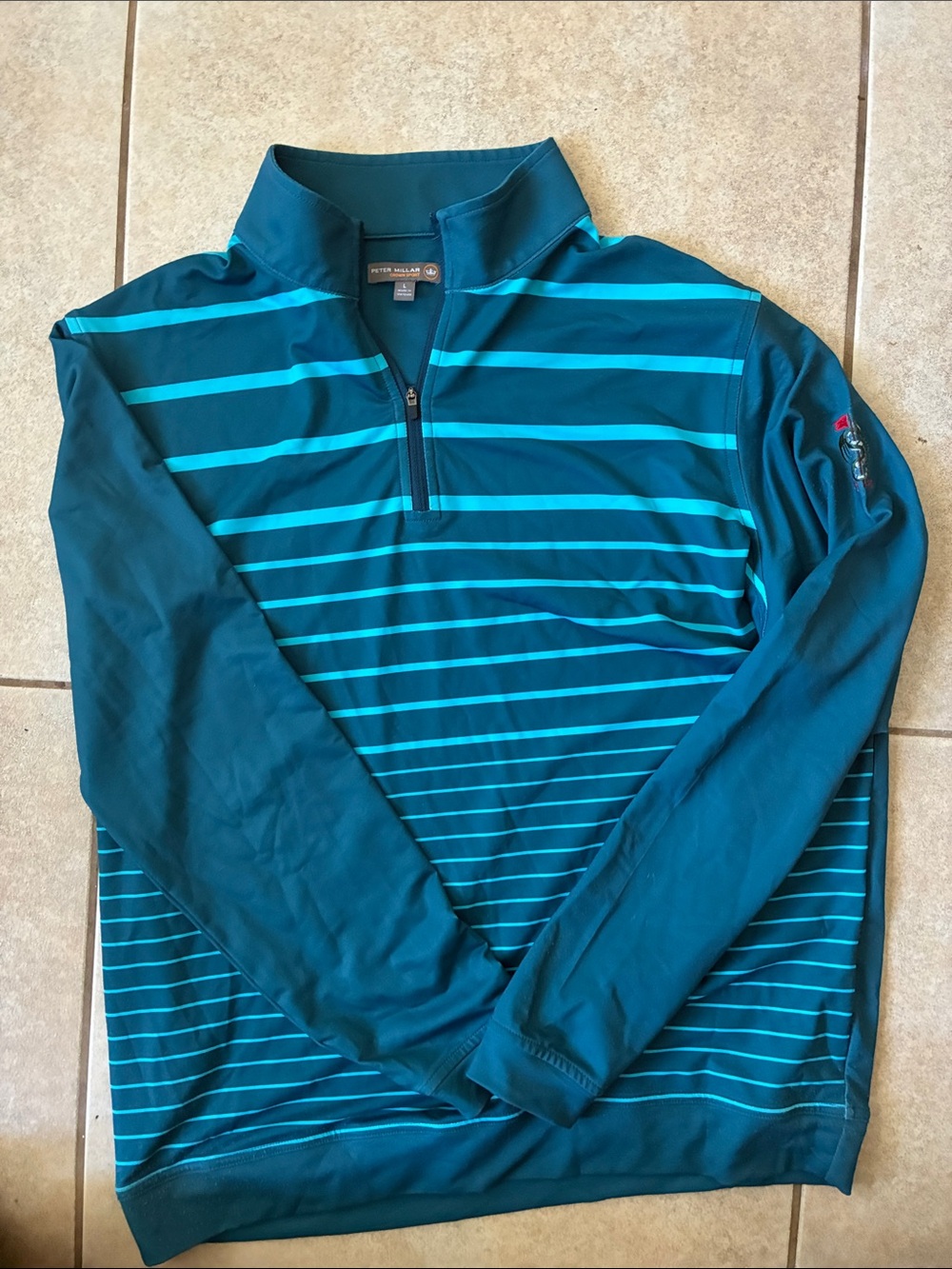 Peter Millar Teal and Aqua Striped Quarter-Zip Swim Rash Guard